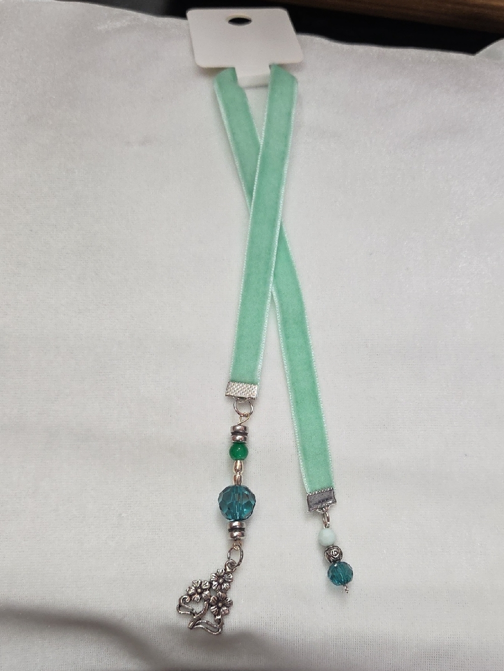 Handmade Seafoam Green Velvet Ribbon Beaded Bookmark Floral Charm Beaded Silver